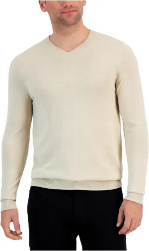 Alfani Mens Ribbed Trim Extra Fine Merino Wool V-Neck Sweater
