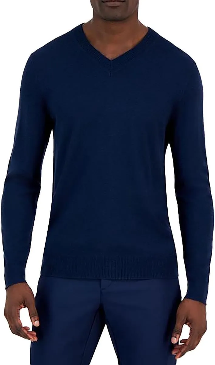 Alfani Mens Ribbed Trim Extra Fine Merino Wool V-Neck Sweater