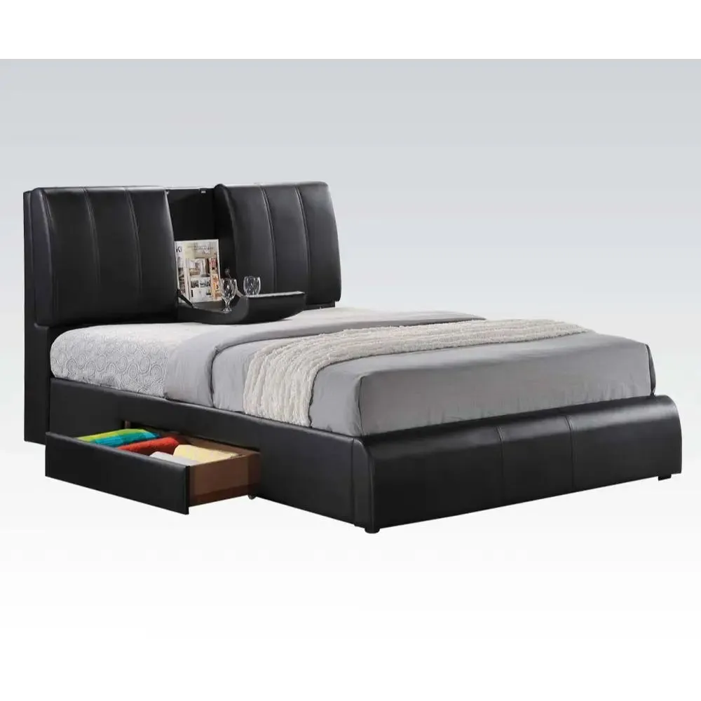 Artemis King Bed w/Headboard Storage and Drawer, Black Faux Leather