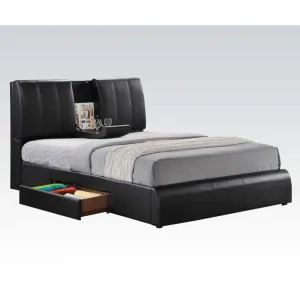 Artemis King Bed w/Headboard Storage and Drawer, Black Faux Leather