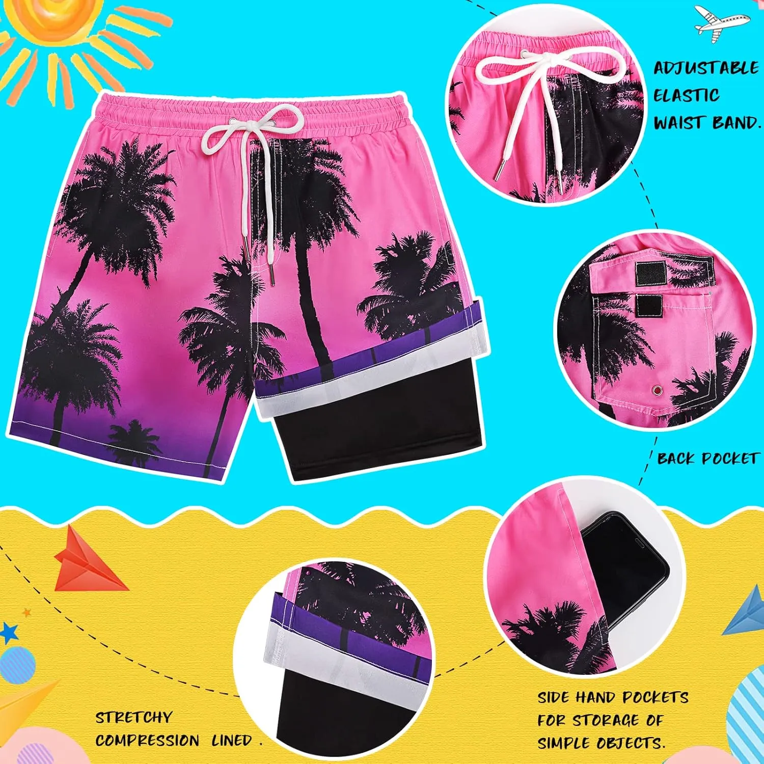 Boys Swim Trunks with Boxer Brief Liner Compression Swim Shorts Quick Dry Bathing Suit Swimwear 5-20 Years