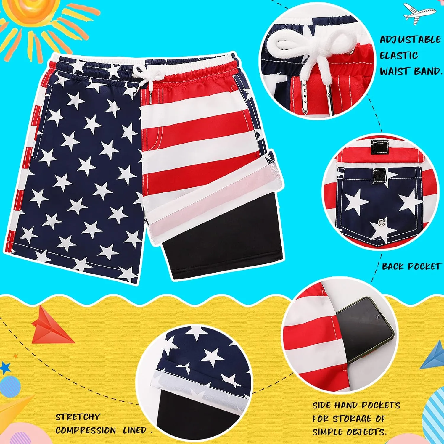 Boys Swim Trunks with Boxer Brief Liner Compression Swim Shorts Quick Dry Bathing Suit Swimwear 5-20 Years