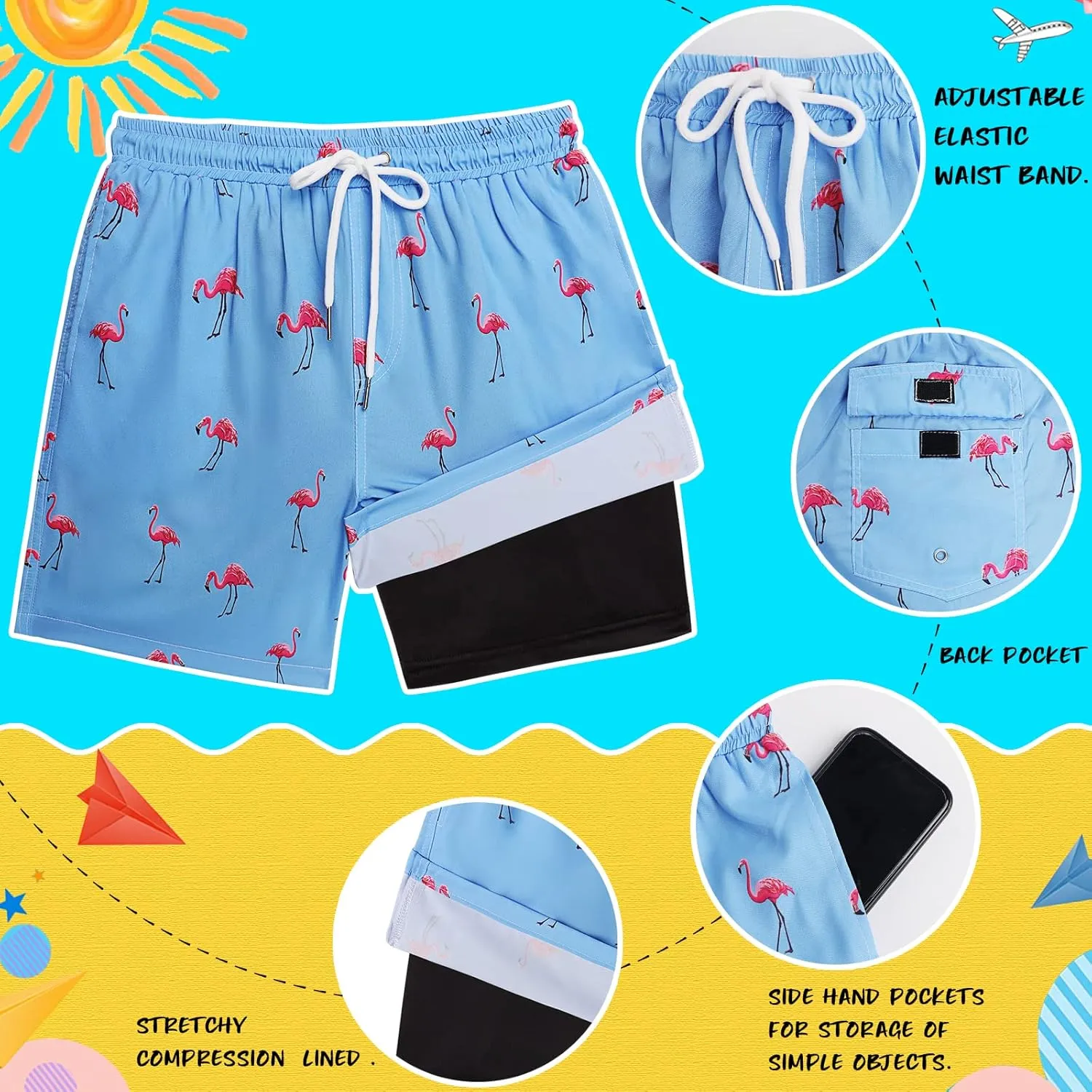 Boys Swim Trunks with Boxer Brief Liner Compression Swim Shorts Quick Dry Bathing Suit Swimwear 5-20 Years