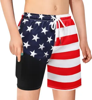 Boys Swim Trunks with Boxer Brief Liner Compression Swim Shorts Quick Dry Bathing Suit Swimwear 5-20 Years