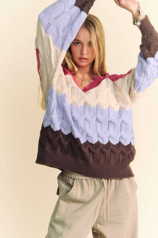 Davi & Dani Wavy Texture Sweater Color Block V-Neck Openwork Knit Pullover