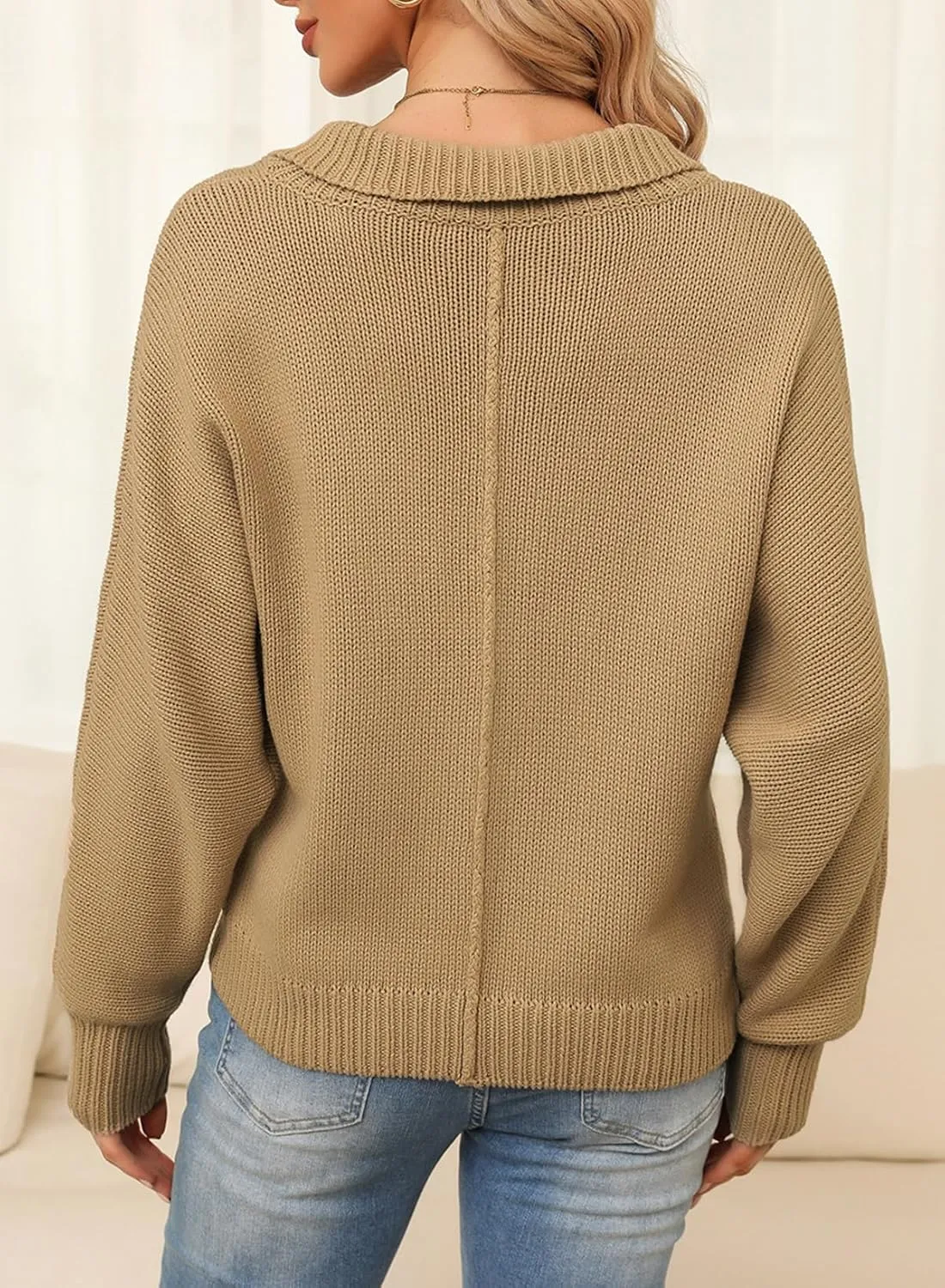 EVALESS Womens Oversized Knit Chunky Fall Sweater Tops 2024 V Neck Long Sleeve Lapel Collar Button Pullover Outfits