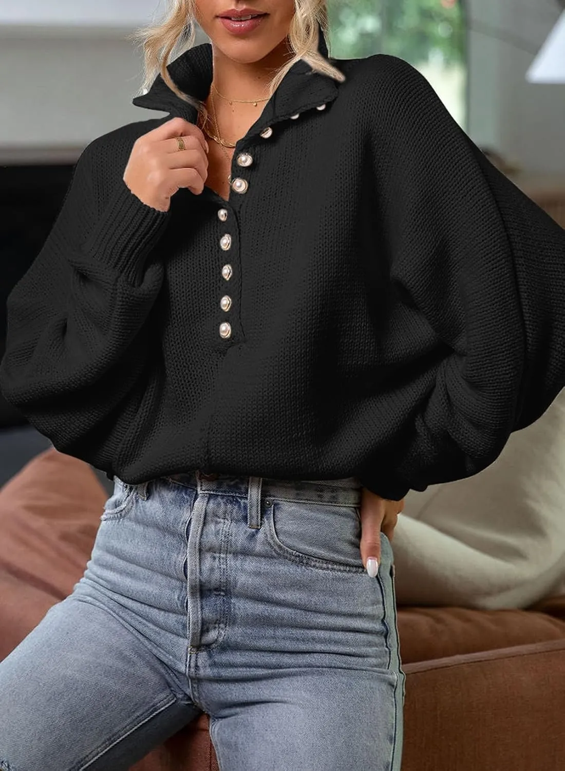 EVALESS Womens Oversized Knit Chunky Fall Sweater Tops 2024 V Neck Long Sleeve Lapel Collar Button Pullover Outfits