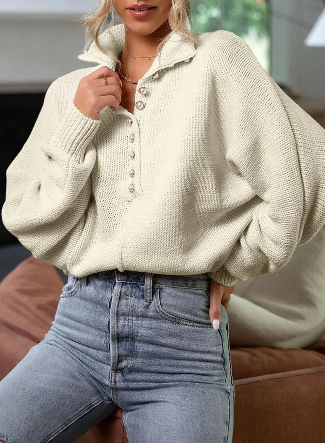 EVALESS Womens Oversized Knit Chunky Fall Sweater Tops 2024 V Neck Long Sleeve Lapel Collar Button Pullover Outfits