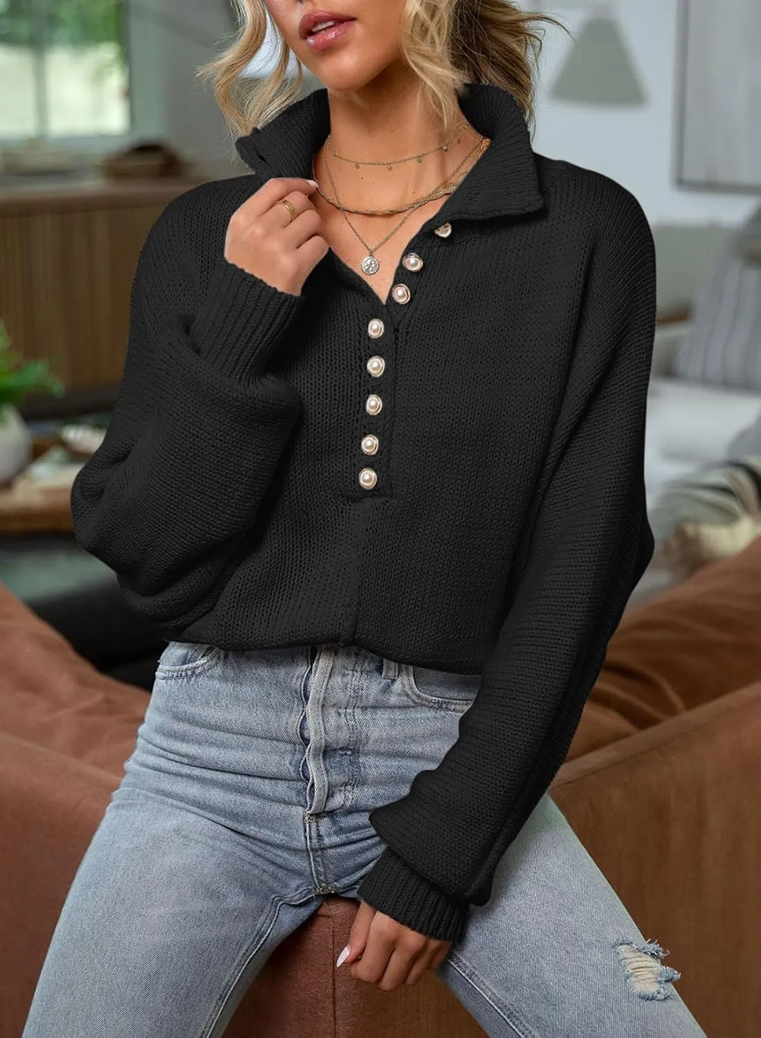 EVALESS Womens Oversized Knit Chunky Fall Sweater Tops 2024 V Neck Long Sleeve Lapel Collar Button Pullover Outfits