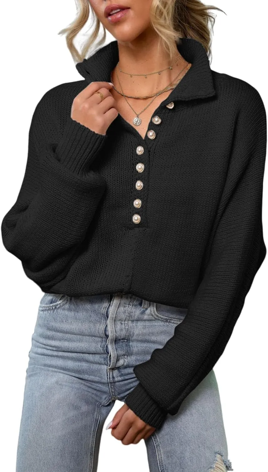 EVALESS Womens Oversized Knit Chunky Fall Sweater Tops 2024 V Neck Long Sleeve Lapel Collar Button Pullover Outfits