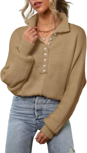EVALESS Womens Oversized Knit Chunky Fall Sweater Tops 2024 V Neck Long Sleeve Lapel Collar Button Pullover Outfits