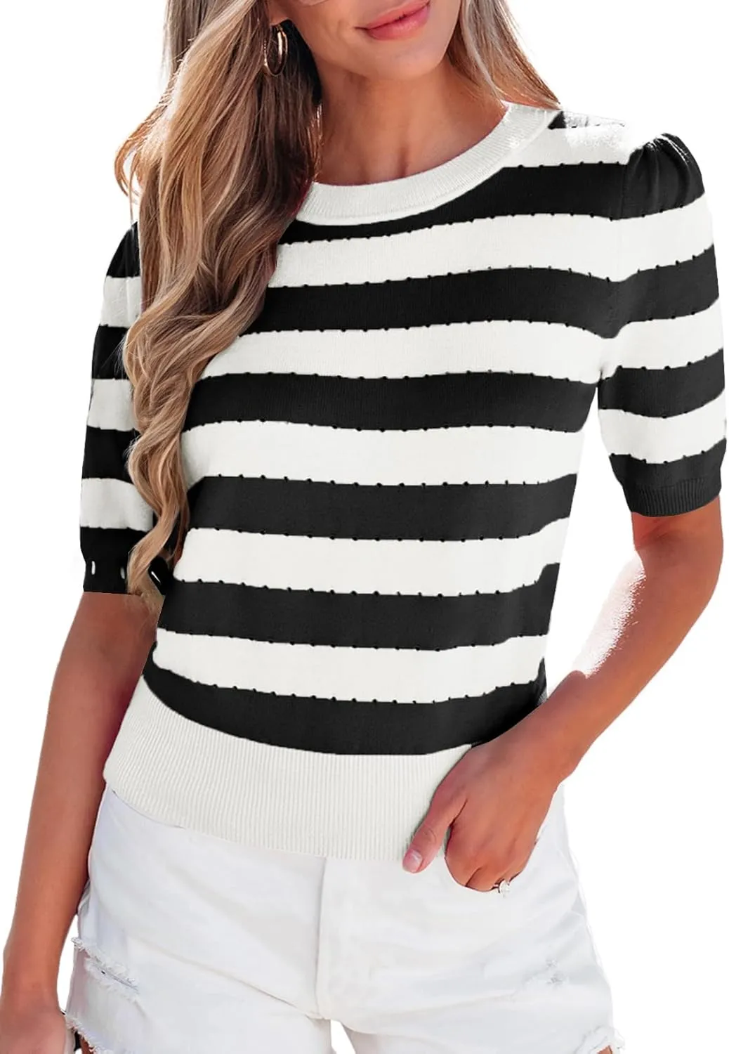 EVALESS Women's Short Sleeve Sweaters Tops Trendy Crewneck Striped Hollow Out Knit T Shirts Casual Summer Blouses