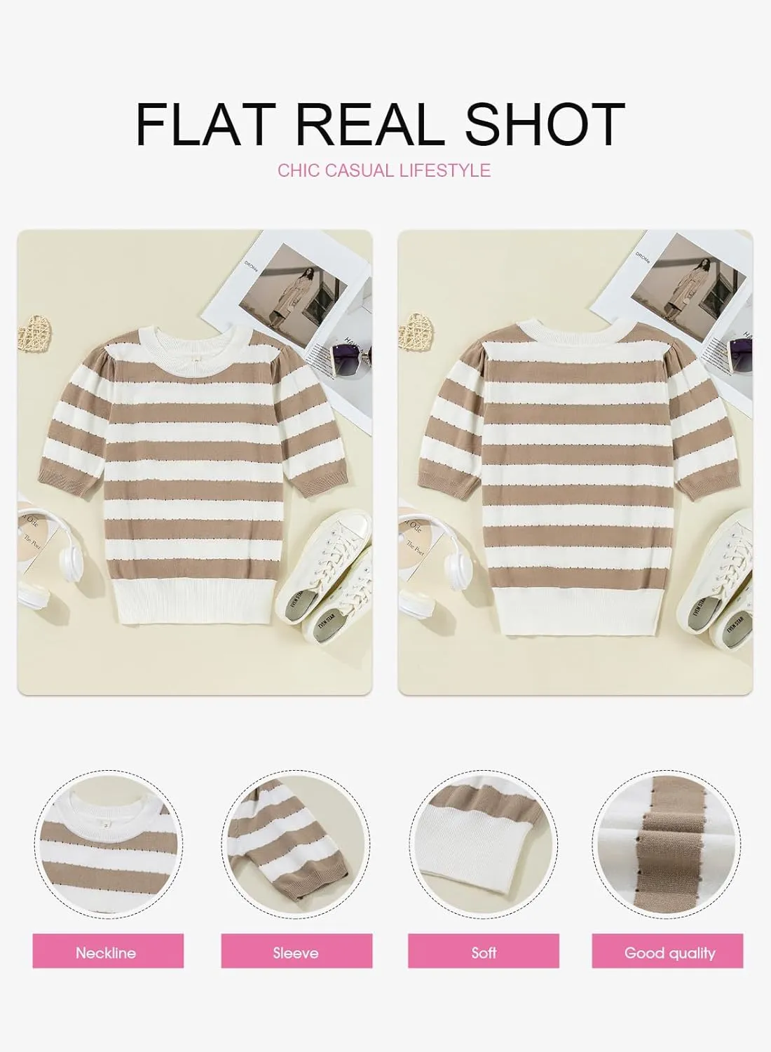 EVALESS Women's Short Sleeve Sweaters Tops Trendy Crewneck Striped Hollow Out Knit T Shirts Casual Summer Blouses