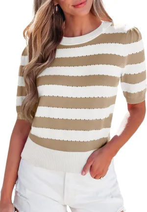 EVALESS Women's Short Sleeve Sweaters Tops Trendy Crewneck Striped Hollow Out Knit T Shirts Casual Summer Blouses