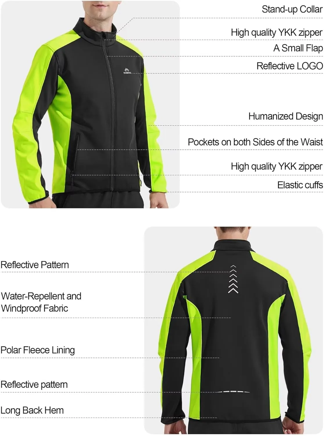 INBIKE Cycling Jacket for Men Running Biking Jackets Mens Windbreaker Reflective Windproof Fleece Lined Cold Weather
