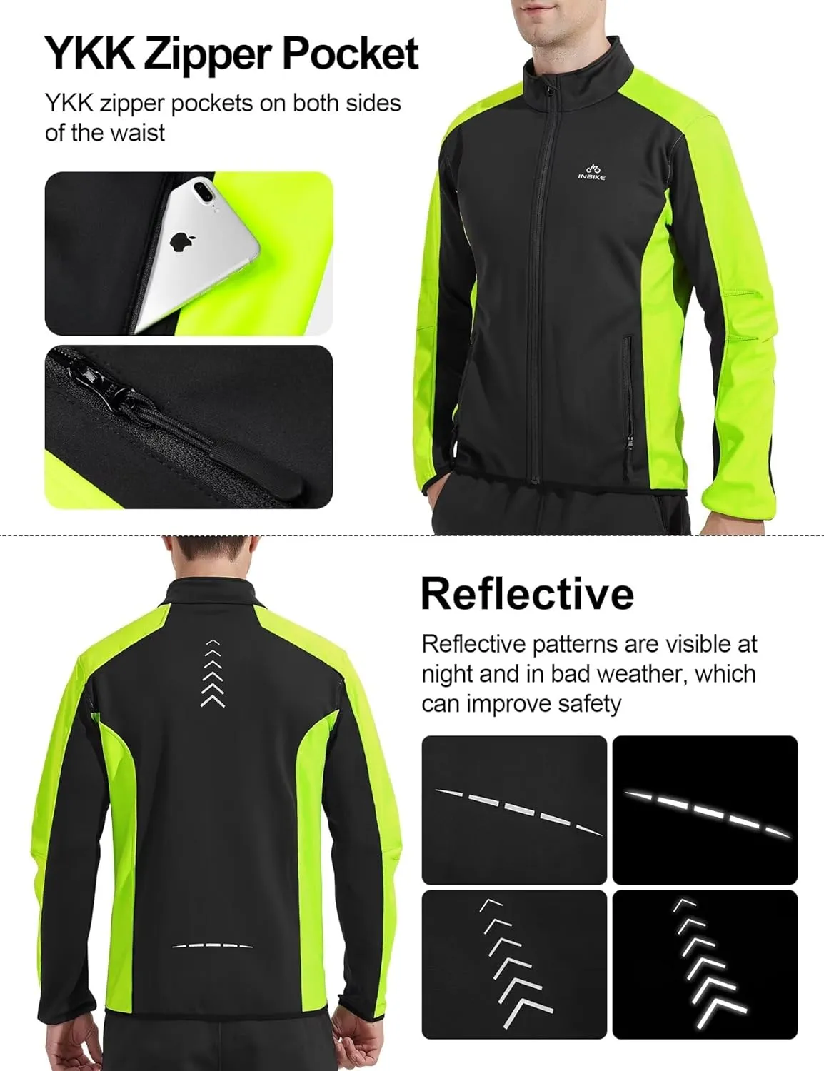 INBIKE Cycling Jacket for Men Running Biking Jackets Mens Windbreaker Reflective Windproof Fleece Lined Cold Weather