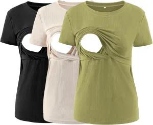 Liu & Qu Women's Maternity Nursing Tops Rib Short Sleeve Breastfeeding Shirts Maternity Clothes 3-Pack