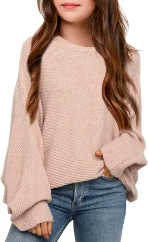 Mafulus Girl's Oversized Crewneck Fall Sweaters Kids Batwing Long Sleeve Slouchy Chunky Cute Pullover Jumper Shirts 5-14T