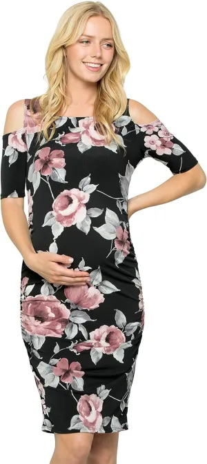 My Bump Women's Cold Shoulder Fitted Maternity Dress W/Side Ruched