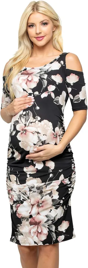 My Bump Women's Cold Shoulder Fitted Maternity Dress W/Side Ruched