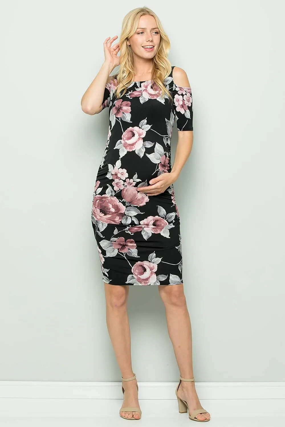 My Bump Women's Cold Shoulder Fitted Maternity Dress W/Side Ruched