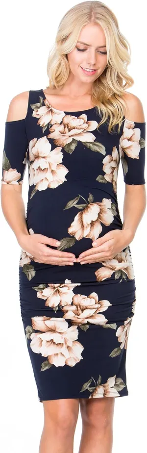 My Bump Women's Cold Shoulder Fitted Maternity Dress W/Side Ruched