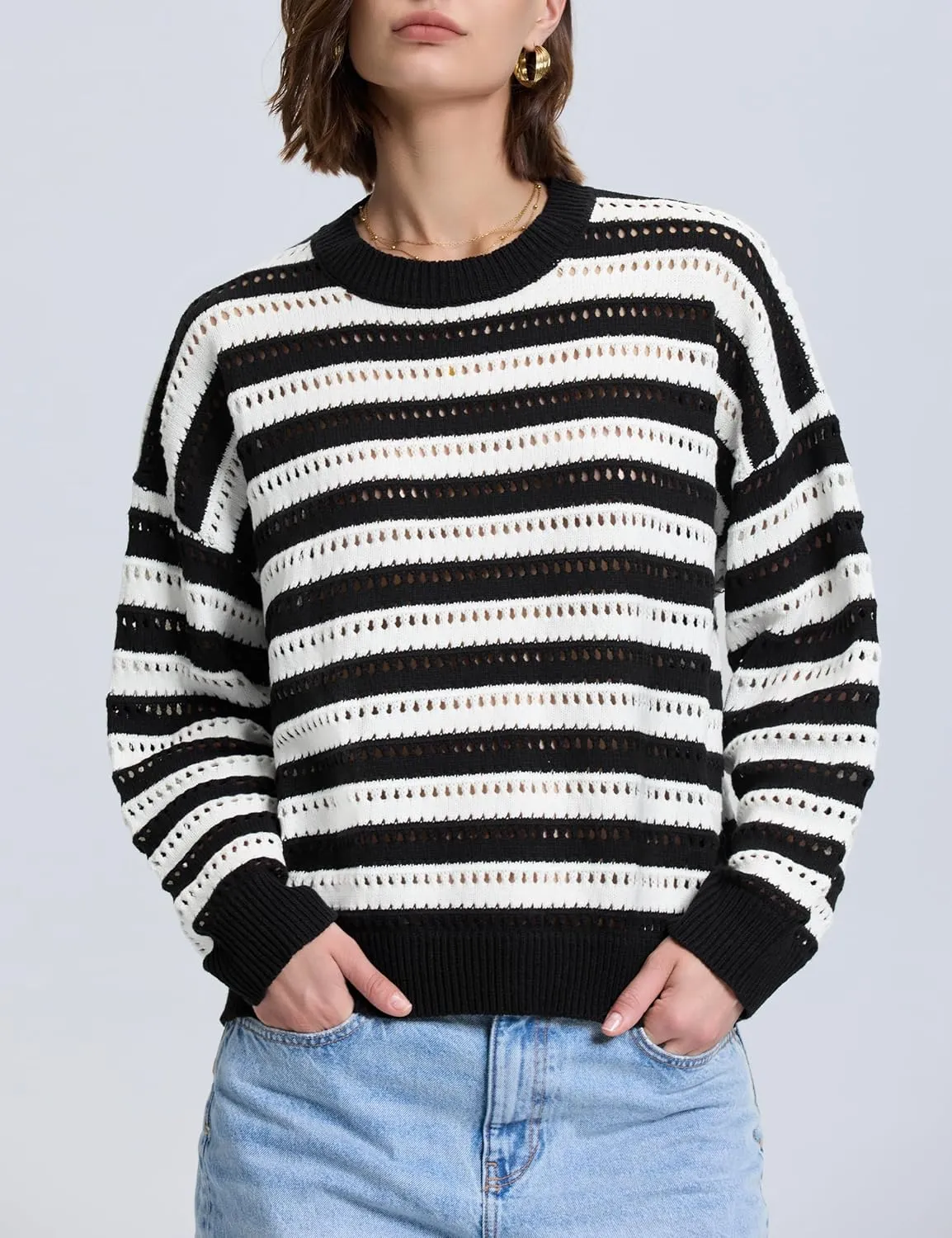 PrettyGuide Women's Crochet Sweaters Crew Neck Long Sleeve Cute Hollow Out Cotton Pullover Knit Tops