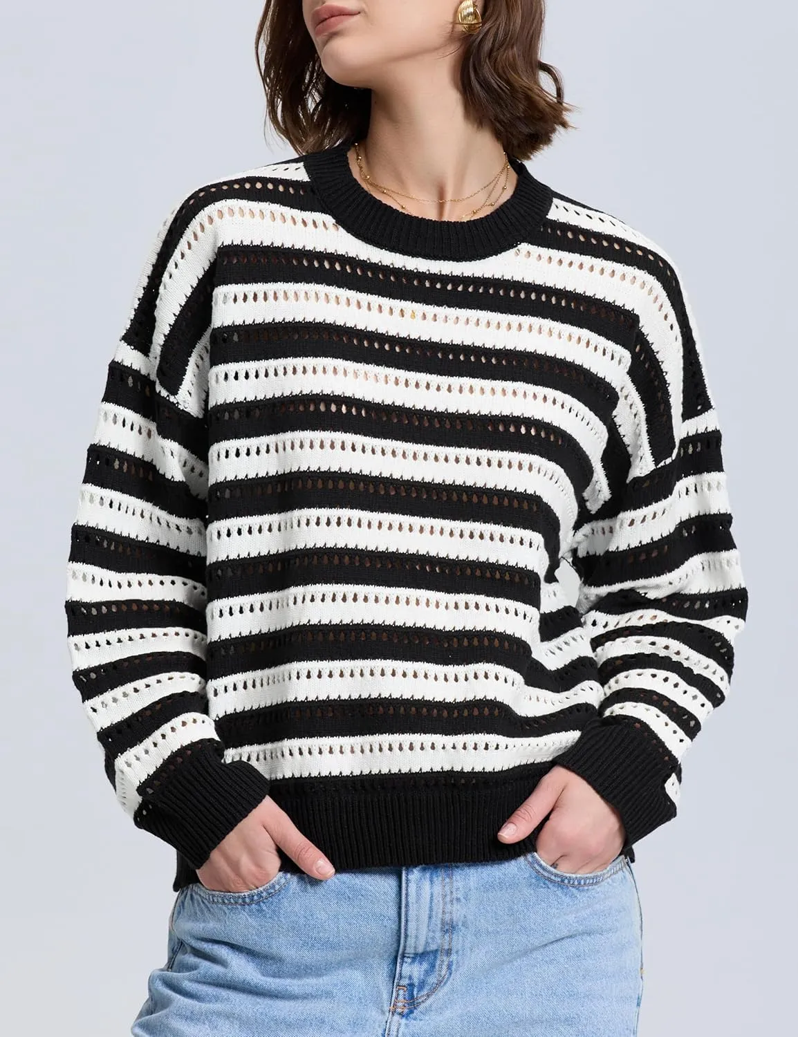 PrettyGuide Women's Crochet Sweaters Crew Neck Long Sleeve Cute Hollow Out Cotton Pullover Knit Tops