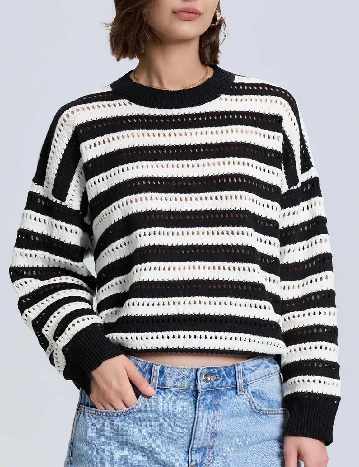 PrettyGuide Women's Crochet Sweaters Crew Neck Long Sleeve Cute Hollow Out Cotton Pullover Knit Tops