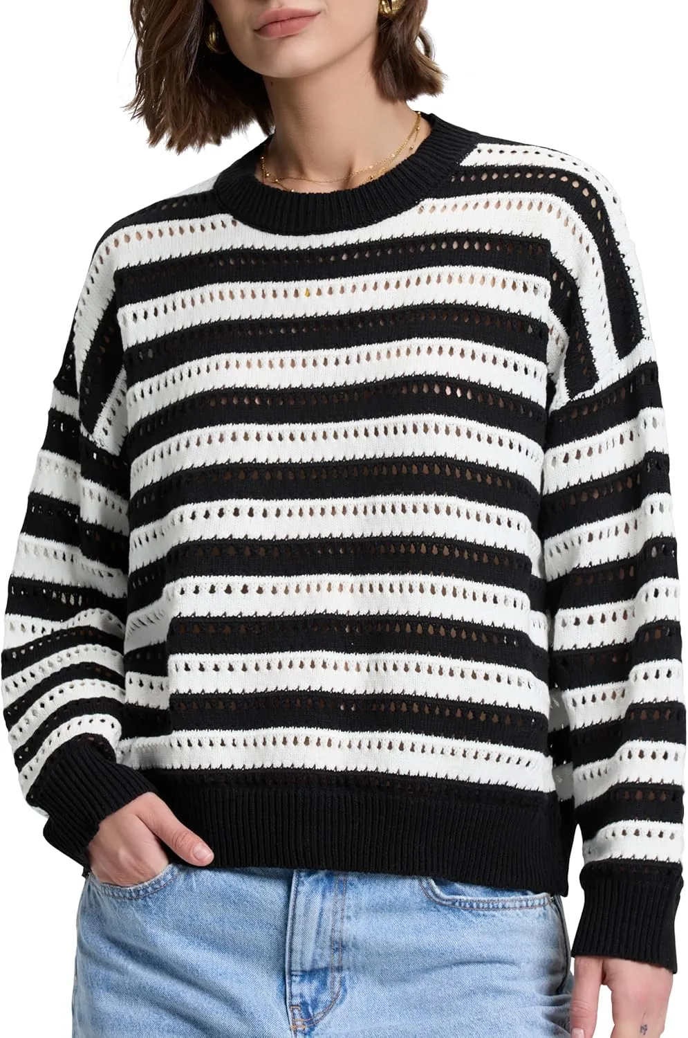 PrettyGuide Women's Crochet Sweaters Crew Neck Long Sleeve Cute Hollow Out Cotton Pullover Knit Tops