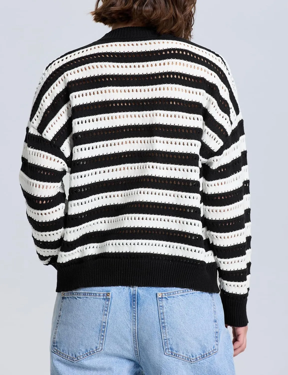 PrettyGuide Women's Crochet Sweaters Crew Neck Long Sleeve Cute Hollow Out Cotton Pullover Knit Tops