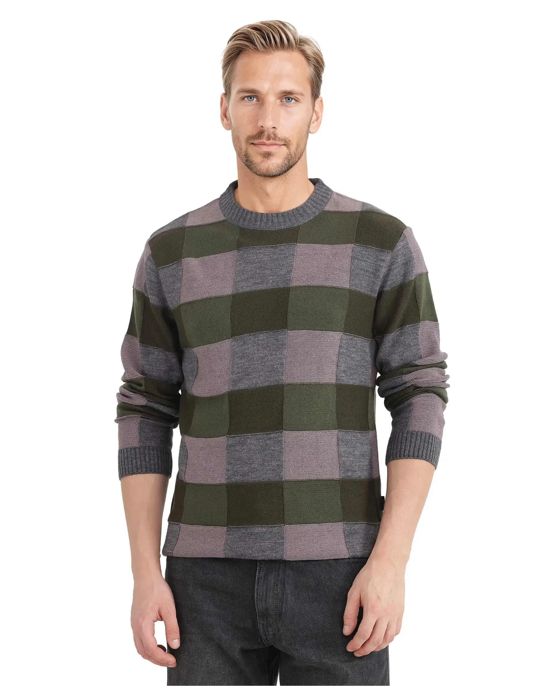 Rare Rabbit Men's Boaz Olive Full Sleeve Crew Neck Regular Fit Plain Sweater