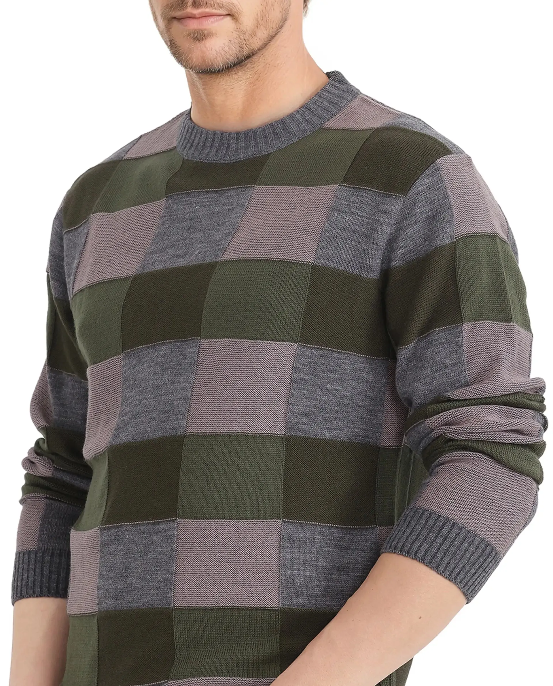 Rare Rabbit Men's Boaz Olive Full Sleeve Crew Neck Regular Fit Plain Sweater