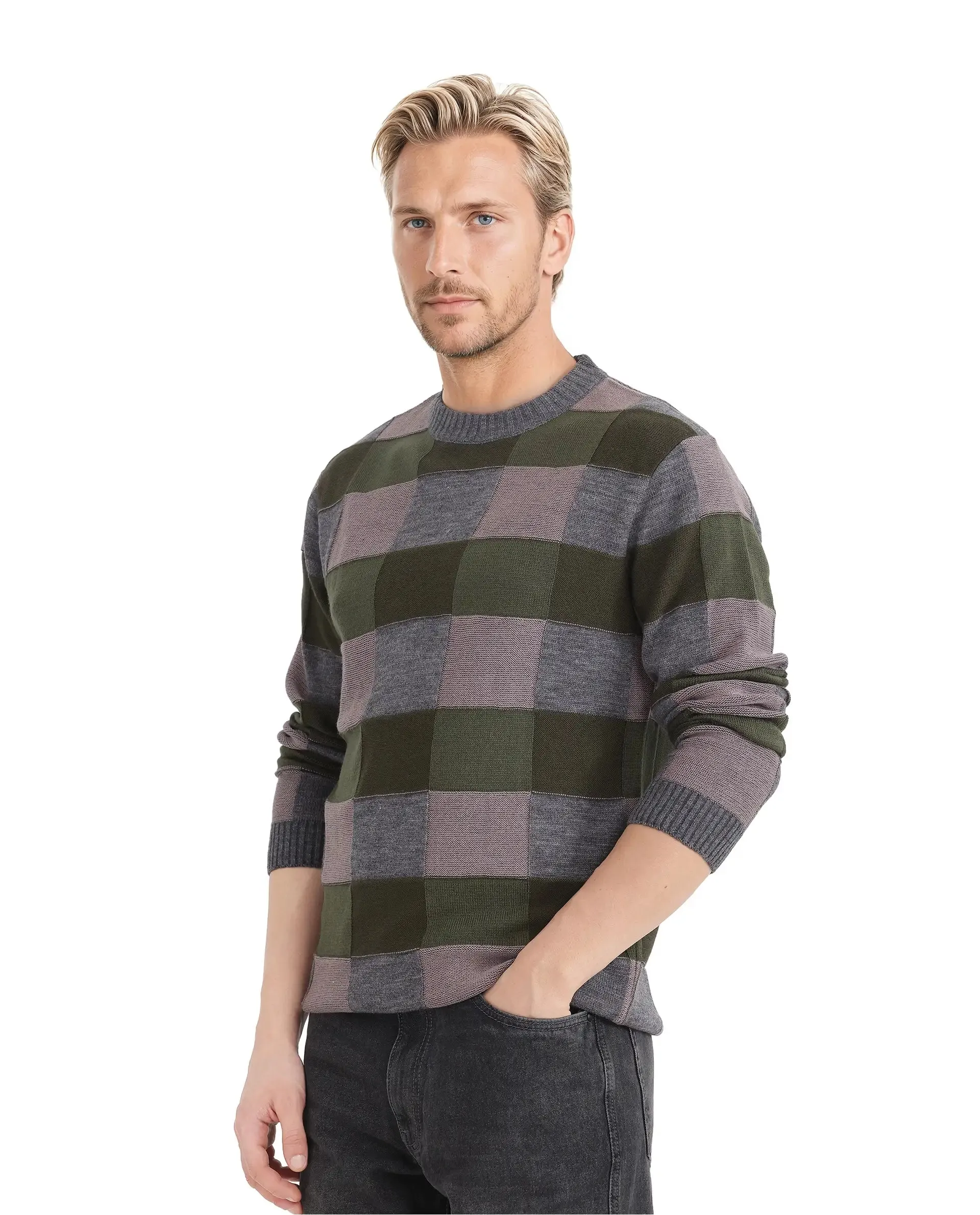 Rare Rabbit Men's Boaz Olive Full Sleeve Crew Neck Regular Fit Plain Sweater