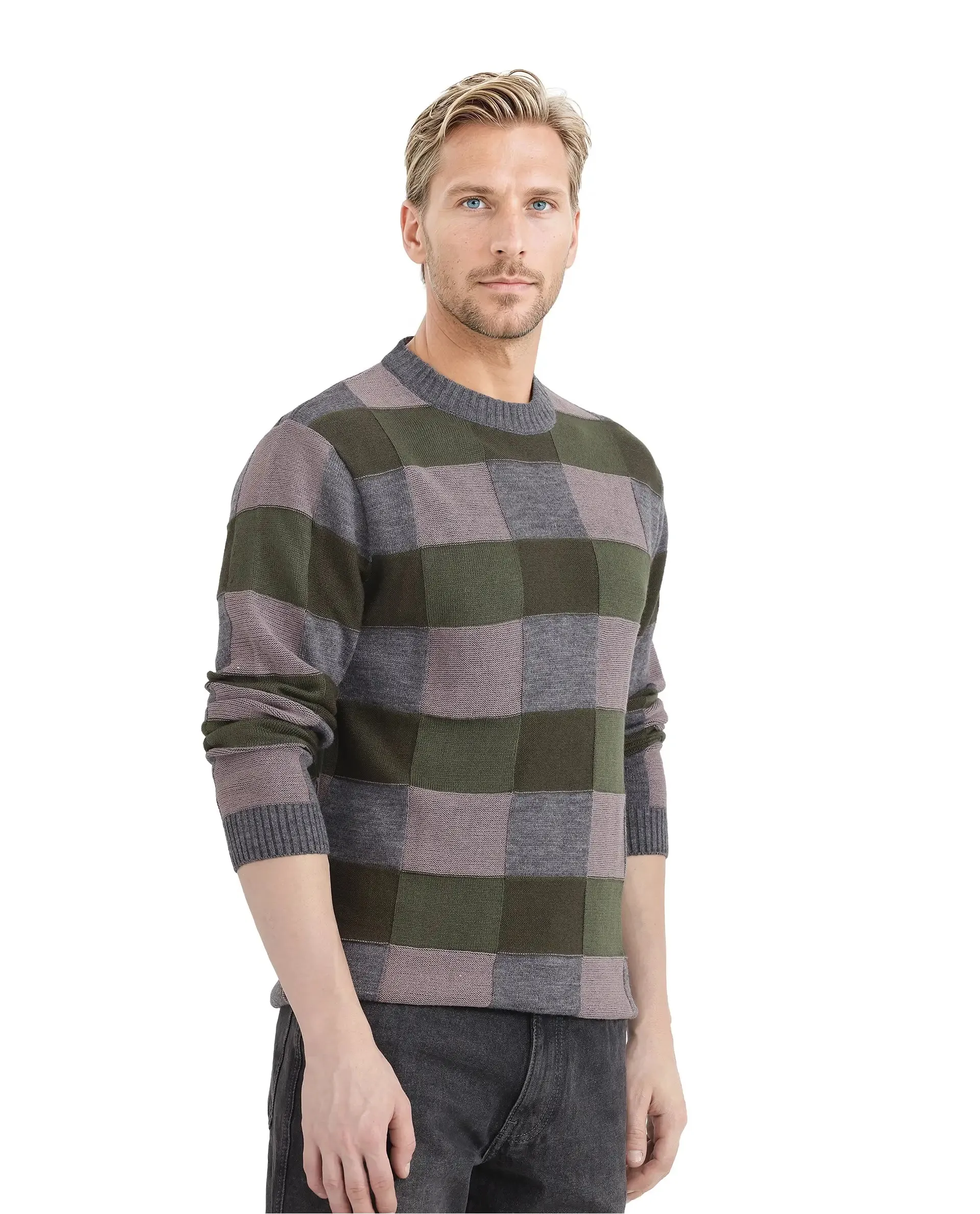 Rare Rabbit Men's Boaz Olive Full Sleeve Crew Neck Regular Fit Plain Sweater