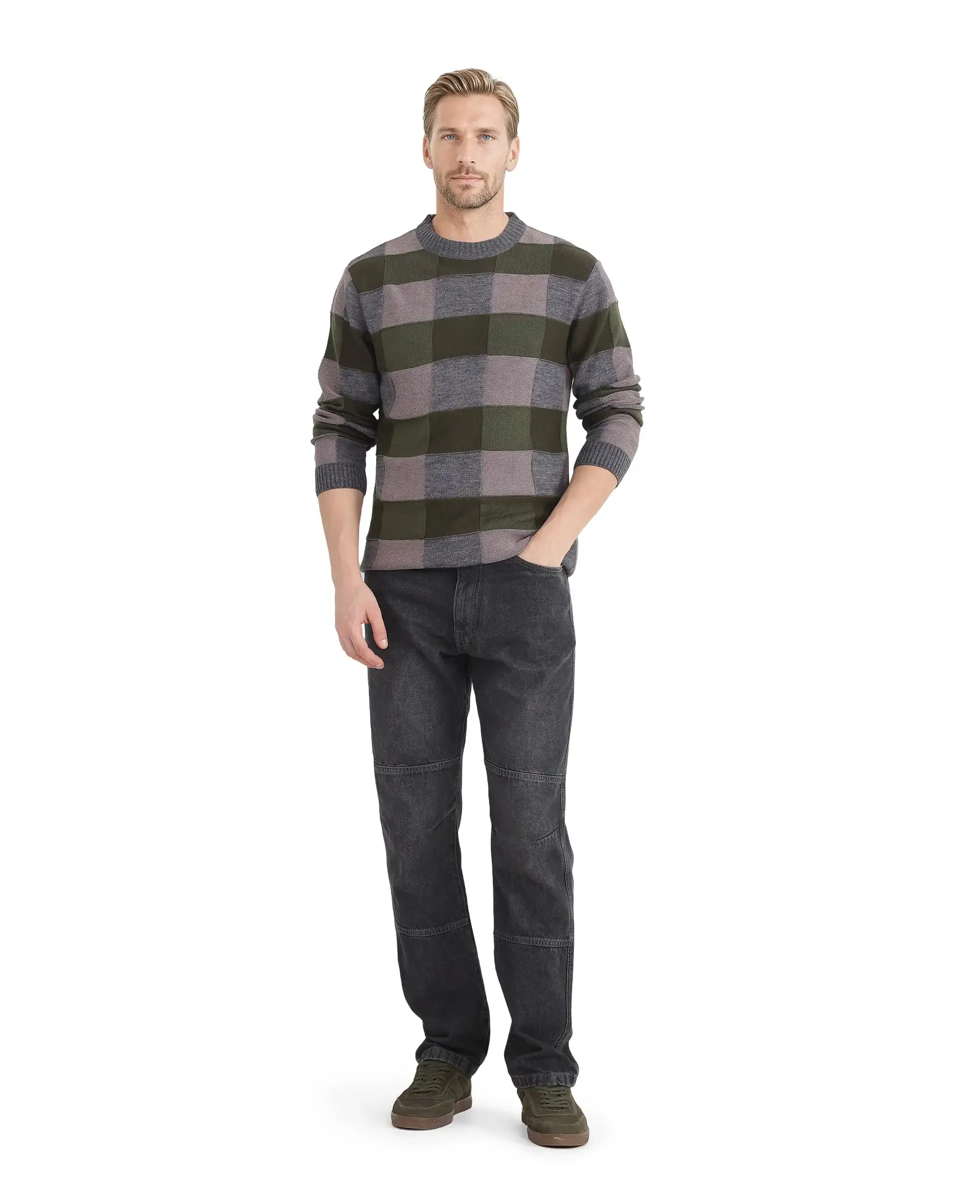 Rare Rabbit Men's Boaz Olive Full Sleeve Crew Neck Regular Fit Plain Sweater