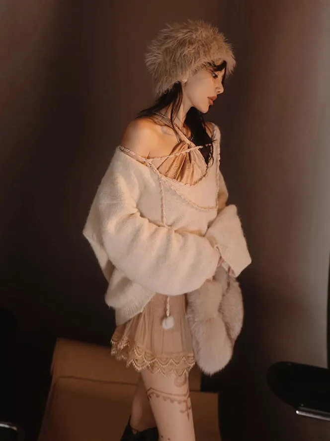 Satin Layered Loose Fluffiy Knit＆Camisole【s0000004026】