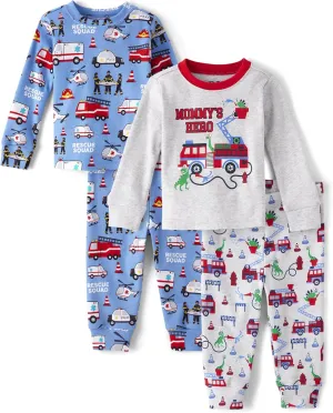 The Children's Place Baby Boys' and Toddler Long Sleeve Top and Pants Snug Fit 100% Cotton 4 Piece Pajama Set
