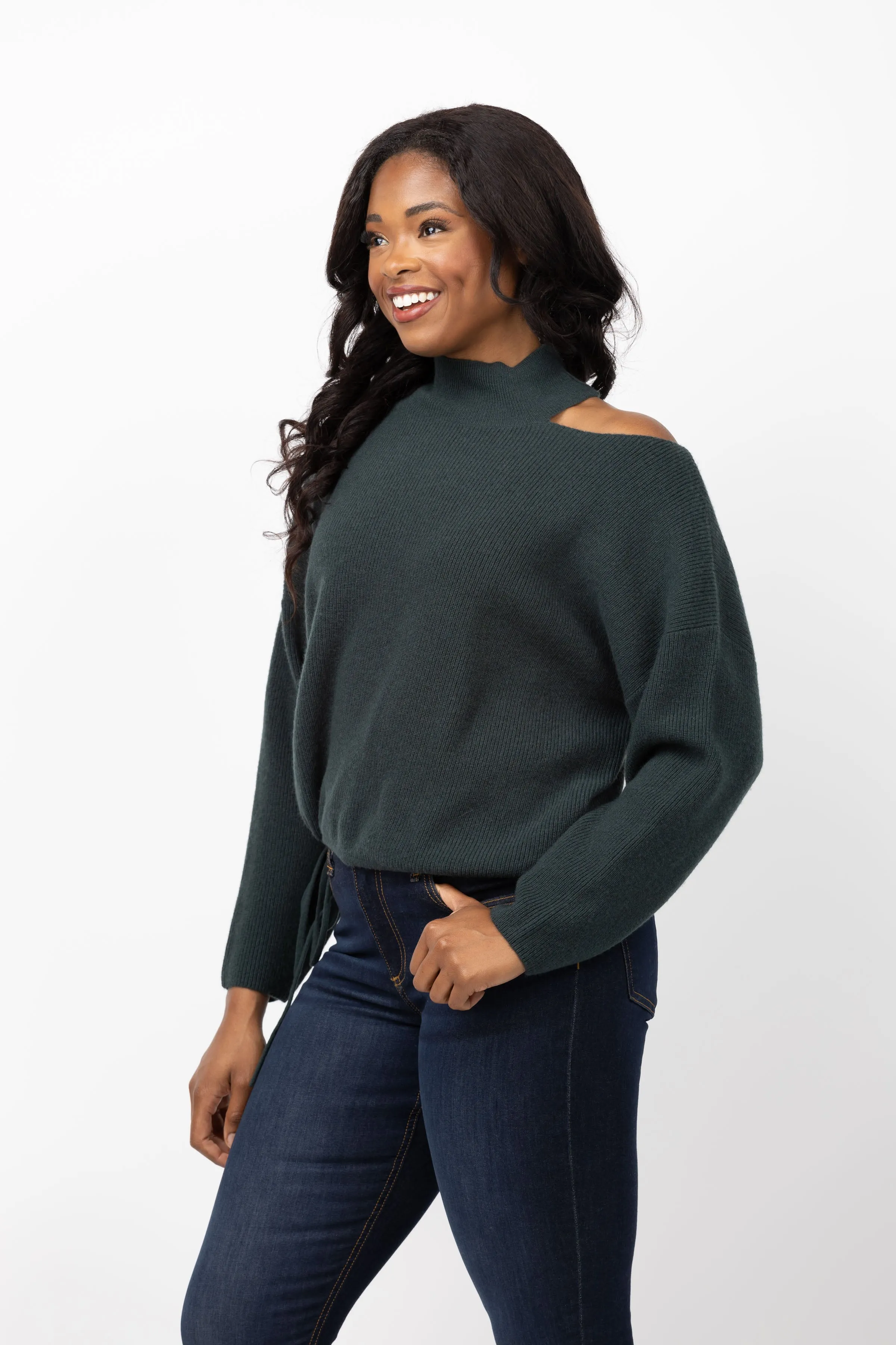 The Sei Open Shoulder Sweater in Hunter