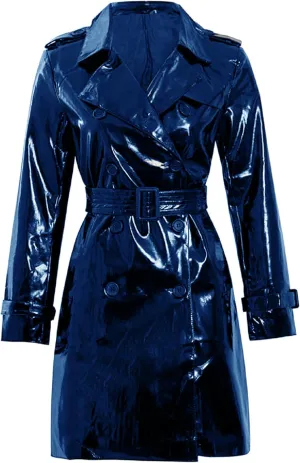 Womens PVC Wet look Sexy Coat | Trench Vinyl Shiny Outdoor Belted Outerwear