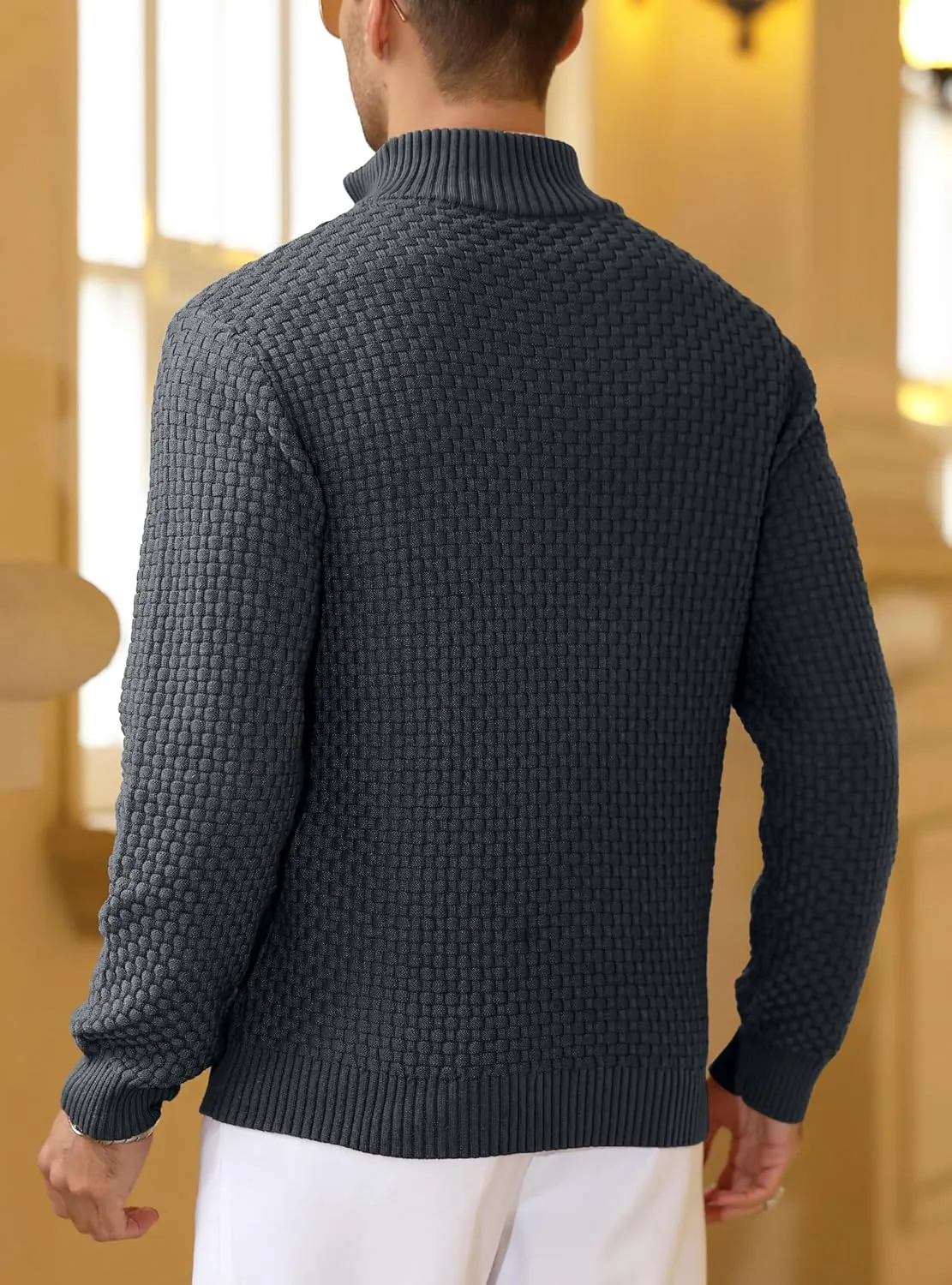 Zaitun Men's Quarter Zip Sweaters Polo Zip Up Pullover Waffle Knit Mock Neck Turtleneck