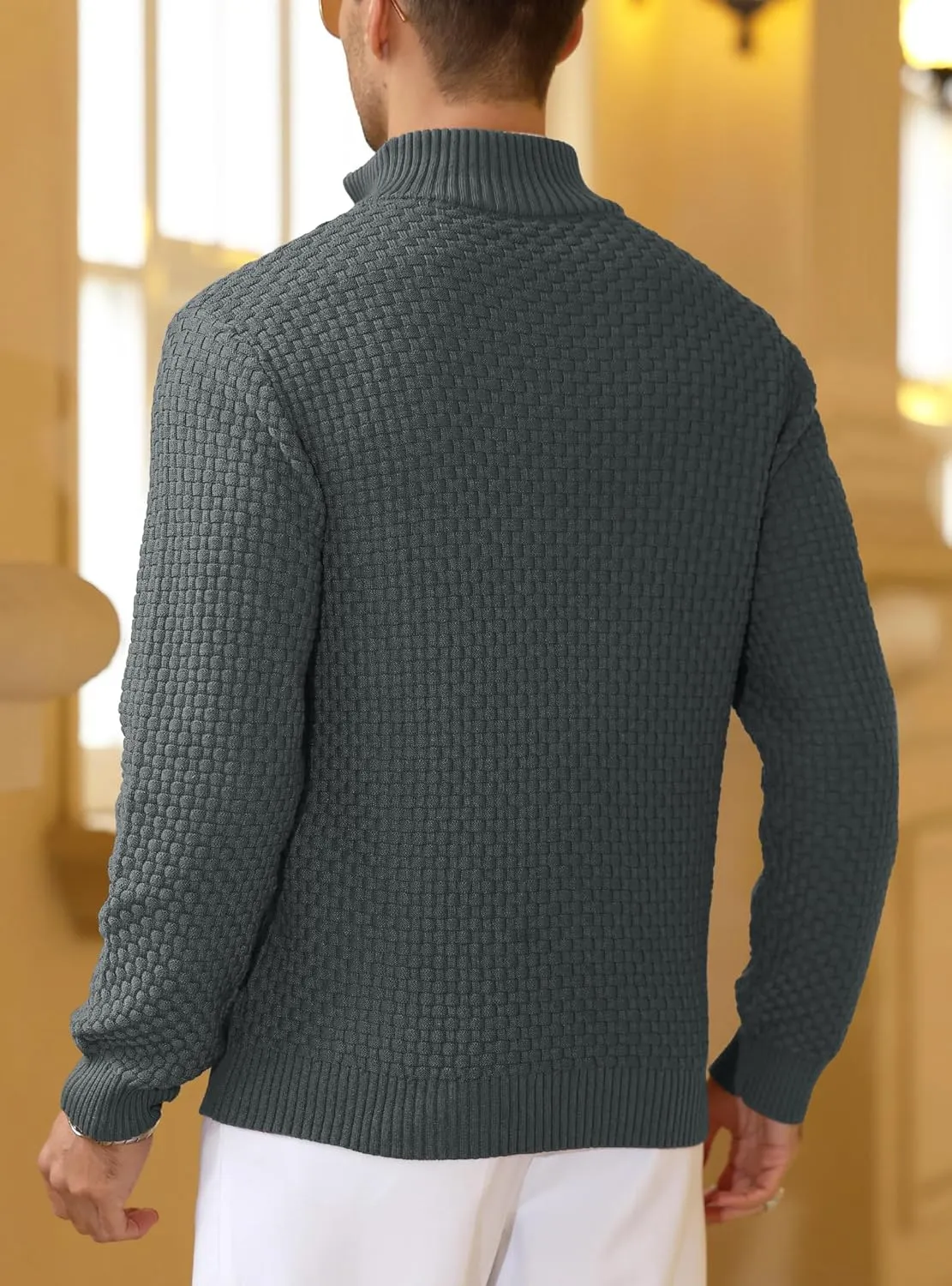 Zaitun Men's Quarter Zip Sweaters Polo Zip Up Pullover Waffle Knit Mock Neck Turtleneck