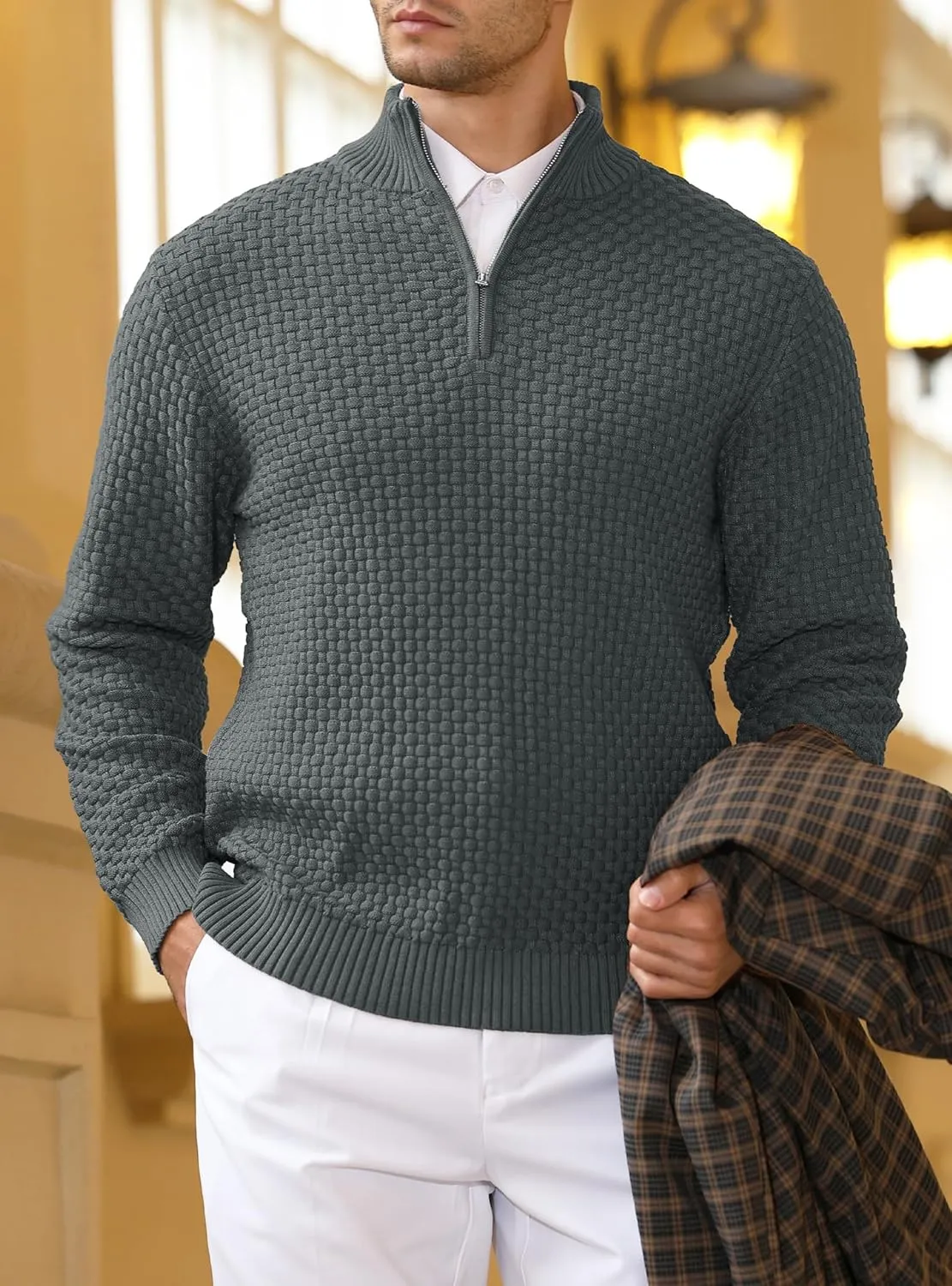 Zaitun Men's Quarter Zip Sweaters Polo Zip Up Pullover Waffle Knit Mock Neck Turtleneck