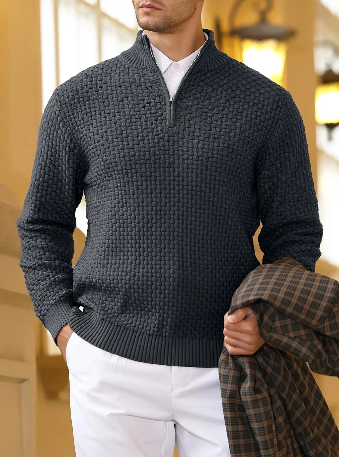 Zaitun Men's Quarter Zip Sweaters Polo Zip Up Pullover Waffle Knit Mock Neck Turtleneck